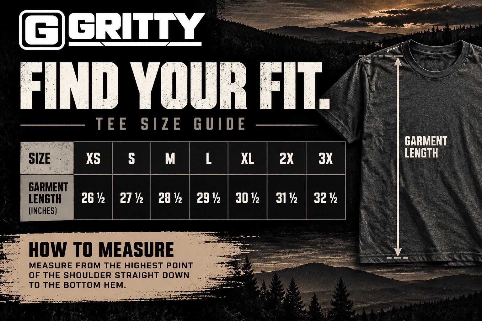 GRITTY tee size guide
